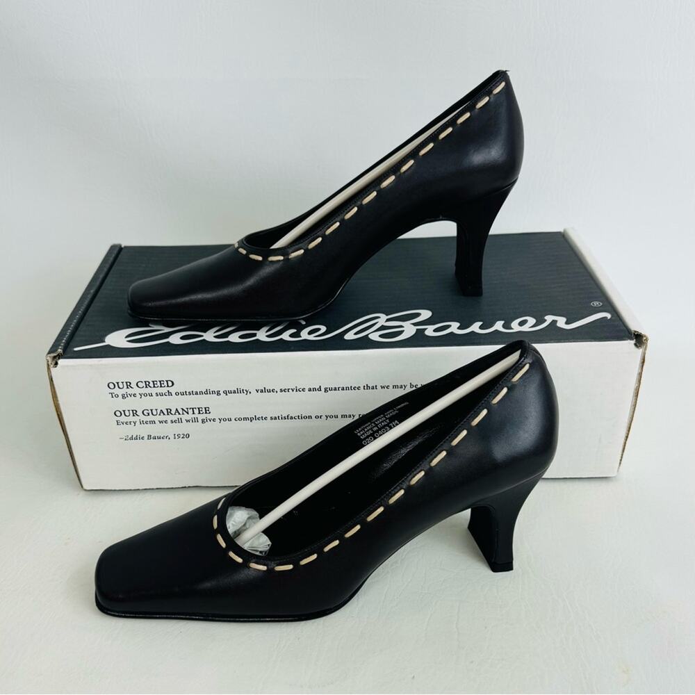 Eddie Bauer Pumps Heels Dark Brown Leather Squared Toe Slip On Shoes Size 7M‎